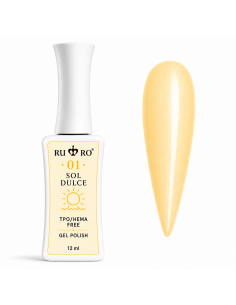 RU RO 01 Sol Dulce esmalte semipermanente amarillo vainilla con micro shimmer colección Vacaciones de Verano 12 ml