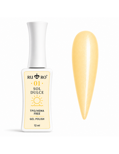 RU RO 01 Sol Dulce esmalte semipermanente amarillo vainilla con micro shimmer colección Vacaciones de Verano 12 ml