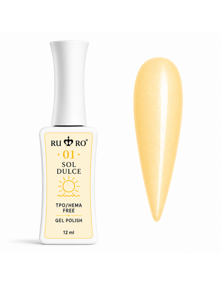 RU RO 01 Sol Dulce esmalte semipermanente amarillo vainilla con micro shimmer colección Vacaciones de Verano 12 ml