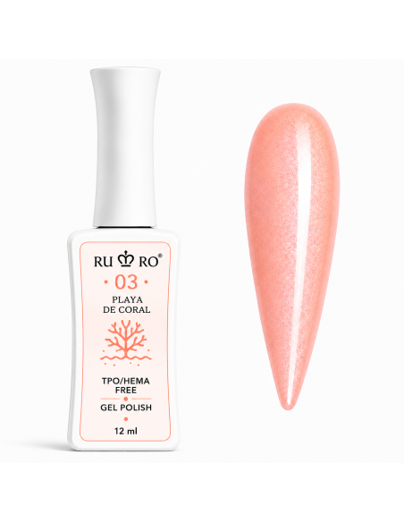 RU RO 03 Playa de Coral esmalte semipermanente coral melocotón con micro shimmer colección Vacaciones de Verano 12 ml