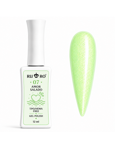 RU RO 07 Amor Salado esmalte semipermanente verde lima pastel con micro shimmer colección Vacaciones de Verano 12 ml
