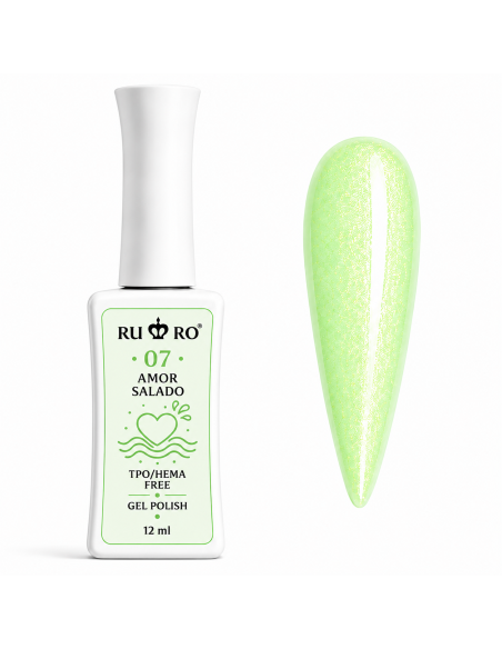 RU RO 07 Amor Salado esmalte semipermanente verde lima pastel con micro shimmer colección Vacaciones de Verano 12 ml