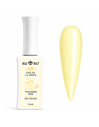 RU RO 08 Pies en la Arena esmalte semipermanente amarillo vainilla con micro shimmer colección Vacaciones de Verano 12 ml