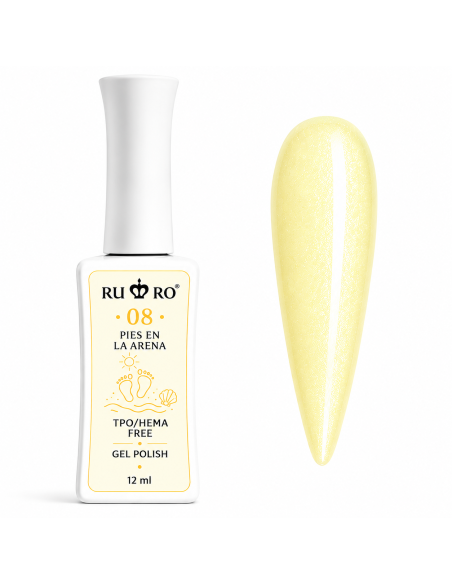 RU RO 08 Pies en la Arena esmalte semipermanente amarillo vainilla con micro shimmer colección Vacaciones de Verano 12 ml