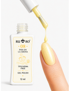 RU RO 08 Pies en la Arena esmalte semipermanente amarillo vainilla con micro shimmer colección Vacaciones de Verano 12 ml 2