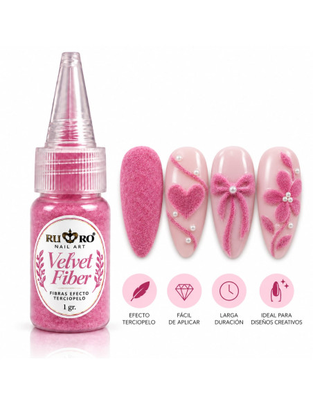 Velvet Fiber rosa magenta RU-RO Nails fibra efecto terciopelo para decoración de uñas