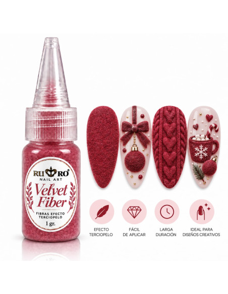 Velvet Fiber rojo RU-RO Nails fibra efecto terciopelo para decoración de uñas