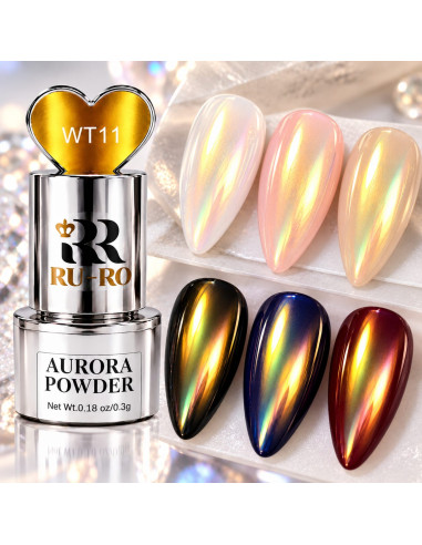 Efecto Aurora dorado WT11 sobre uñas claras y oscuras
