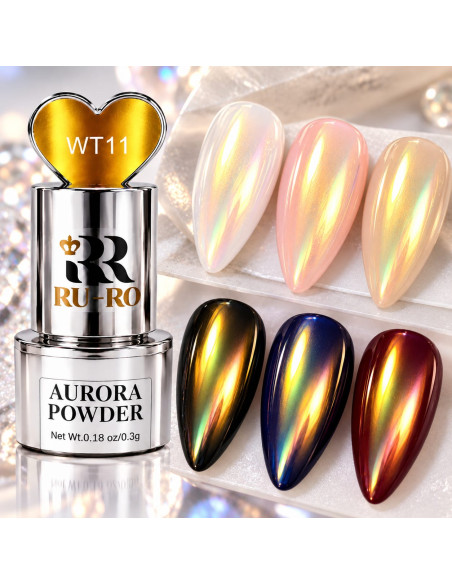 Efecto Aurora dorado WT11 sobre uñas claras y oscuras