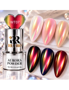 Efecto Aurora rosa coral WT07 sobre uñas claras y oscuras