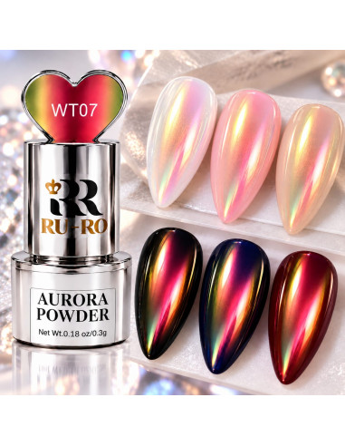 Efecto Aurora rosa coral WT07 sobre uñas claras y oscuras