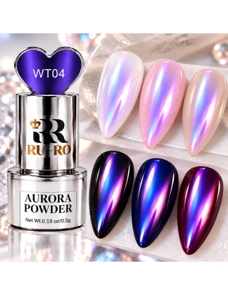 Efecto Aurora violeta WT04 sobre uñas claras y oscuras