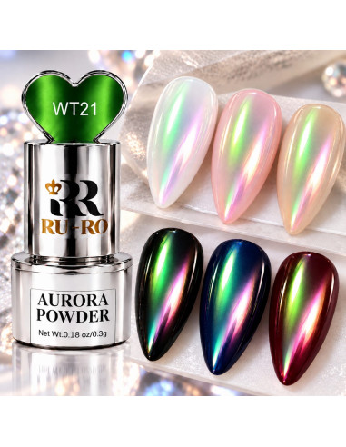 Efecto Aurora verde WT21 sobre uñas claras y oscuras
