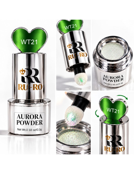 Polvo Aurora WT21 verde esmeralda RU-RO Nails con aplicador integrado