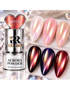 Efecto Aurora rosa coral WT17 sobre uñas claras y oscuras