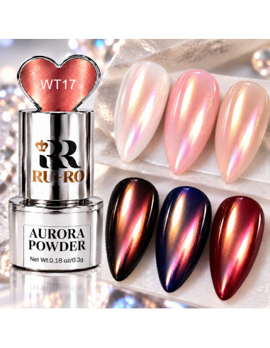 Efecto Aurora rosa coral WT17 sobre uñas claras y oscuras